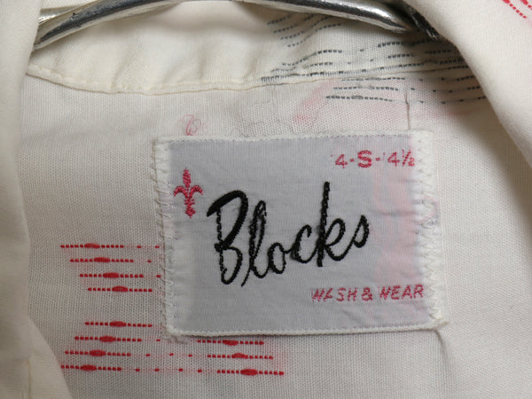 60s ★ Blocks 100% コットン 総柄 半袖 シャツ メンズ S / 古着 ヴィンテージ オープンカラー 開襟 ボックス 半袖シャツ ポケット付き 白