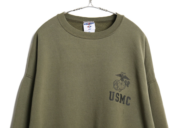 90s 00s USA製 米軍実物 USMC プリント スウェット メンズ XL / マリンコープ 海兵隊 ミリタリー 軍物 トレーナー 裏起毛 ワンポイント 緑
