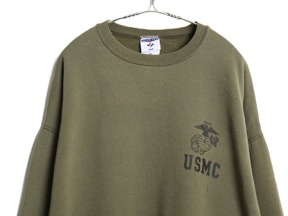 90s 00s USA製 米軍実物 USMC プリント スウェット メンズ XL / マリンコープ 海兵隊 ミリタリー 軍物 トレーナー 裏起毛 ワンポイント 緑