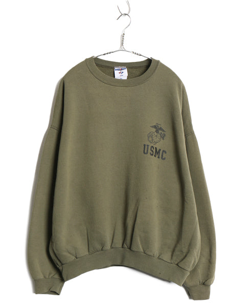 90s 00s USA製 米軍実物 USMC プリント スウェット メンズ XL / マリンコープ 海兵隊 ミリタリー 軍物 トレーナー 裏起毛 ワンポイント 緑