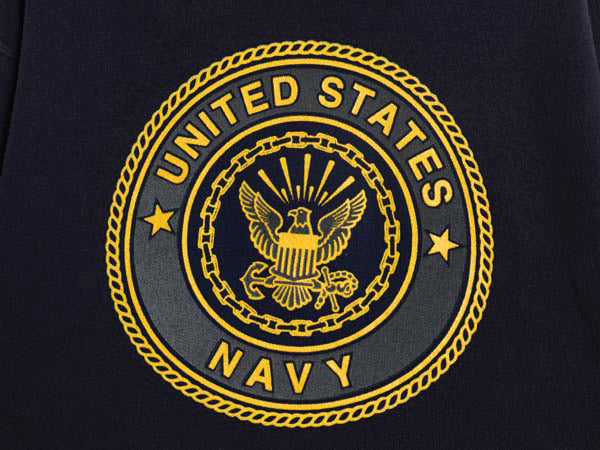 90s USA製 US NAVY 両面 プリント スウェット フード パーカー メンズ S / 古着 オールド ミリタリー トレーナー 裏起毛 軍物 ネイビー USN
