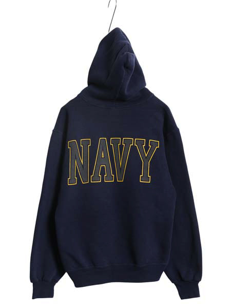 90s USA製 US NAVY 両面 プリント スウェット フード パーカー メンズ S / 古着 オールド ミリタリー トレーナー 裏起毛 軍物 ネイビー USN