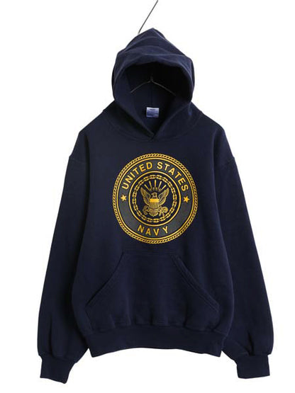 90s USA製 US NAVY 両面 プリント スウェット フード パーカー メンズ S / 古着 オールド ミリタリー トレーナー 裏起毛 軍物 ネイビー USN