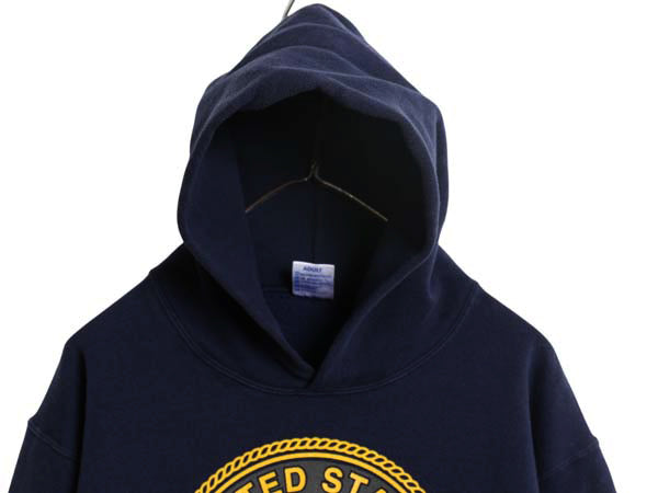 90s USA製 US NAVY 両面 プリント スウェット フード パーカー メンズ S / 古着 オールド ミリタリー トレーナー 裏起毛 軍物 ネイビー USN