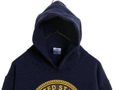 90s USA製 US NAVY 両面 プリント スウェット フード パーカー メンズ S / 古着 オールド ミリタリー トレーナー 裏起毛 軍物 ネイビー USN