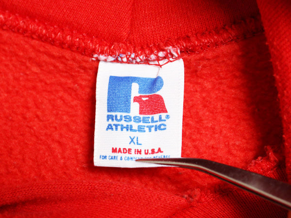 90s USA製 ラッセル 無地 スウェット フード パーカー メンズ レディース XL オールド プルオーバー トレーナー ブランク 大きいサイズ 赤