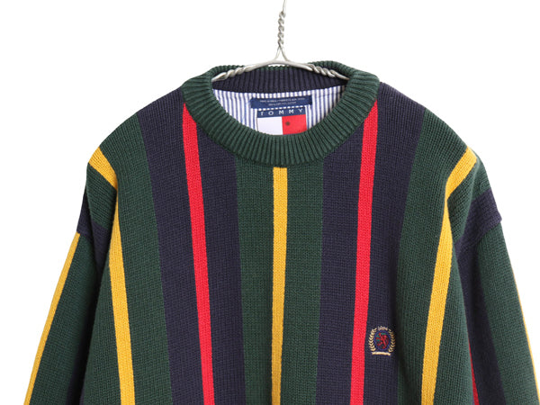 90s トミーヒルフィガー ストライプ コットン ニット セーター メンズ L 古着 オールド ワンポイント ロゴ 刺繍 クルーネック マルチカラー