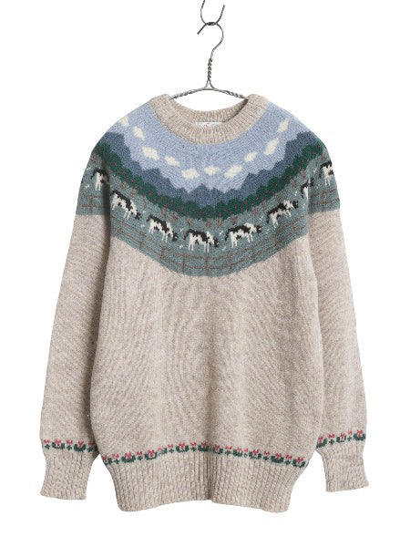 90s オービス デザイン ニット セーター レディース S 程 古着 オールド シェットランド ウール 絵柄 総柄 アニマル ノルディック 丸ヨーク