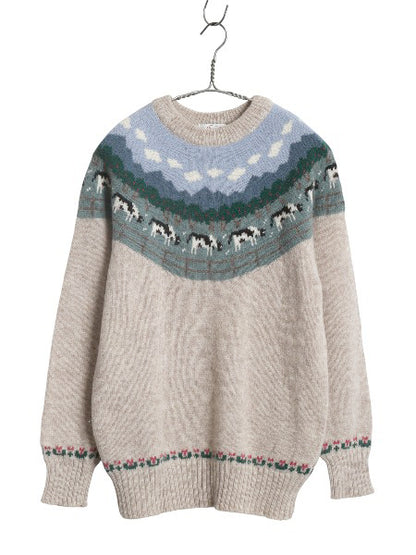 90s オービス デザイン ニット セーター レディース S 程 古着 オールド シェットランド ウール 絵柄 総柄 アニマル ノルディック 丸ヨーク