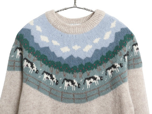 90s オービス デザイン ニット セーター レディース S 程 古着 オールド シェットランド ウール 絵柄 総柄 アニマル ノルディック 丸ヨーク