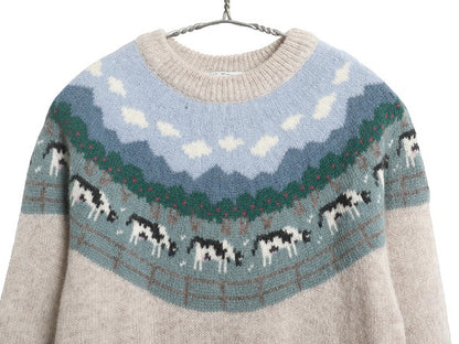 90s オービス デザイン ニット セーター レディース S 程 古着 オールド シェットランド ウール 絵柄 総柄 アニマル ノルディック 丸ヨーク