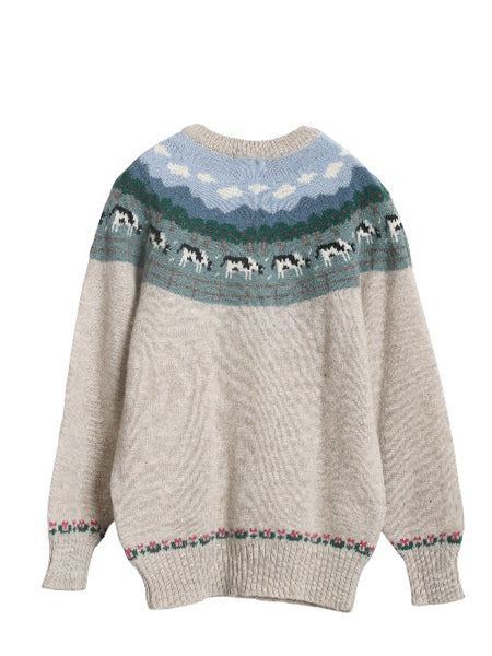 90s オービス デザイン ニット セーター レディース S 程 古着 オールド シェットランド ウール 絵柄 総柄 アニマル ノルディック 丸ヨーク