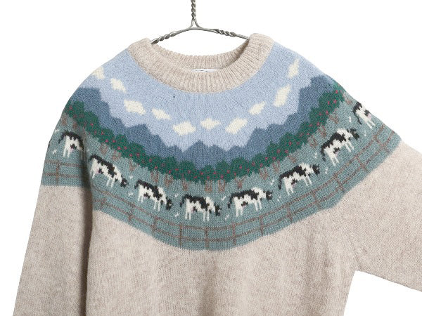 90s オービス デザイン ニット セーター レディース S 程 古着 オールド シェットランド ウール 絵柄 総柄 アニマル ノルディック 丸ヨーク