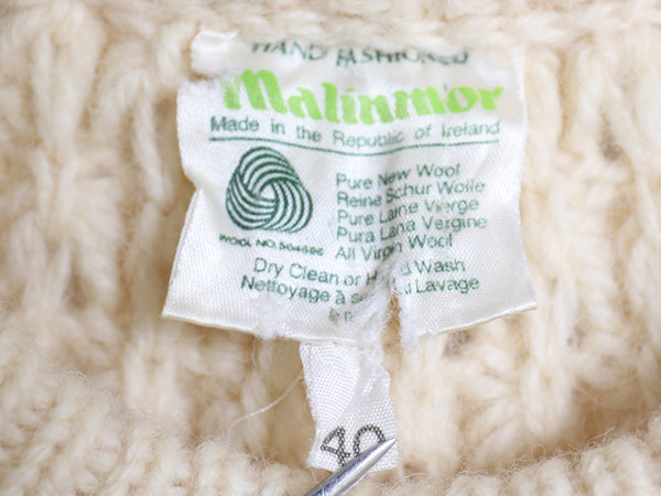 80s アイルランド製 Malinmor フィッシャーマン ニット セーター メンズ S レディース M 程 ヴィンテージ ウール ハンドメイド ナチュラル