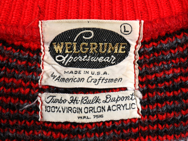 60s 70s USA製 ★ Welgrume フルジップ アクリル ニット カーディガン メンズ L / ヴィンテージ ノルディック 総柄 セーター ジャケット 赤