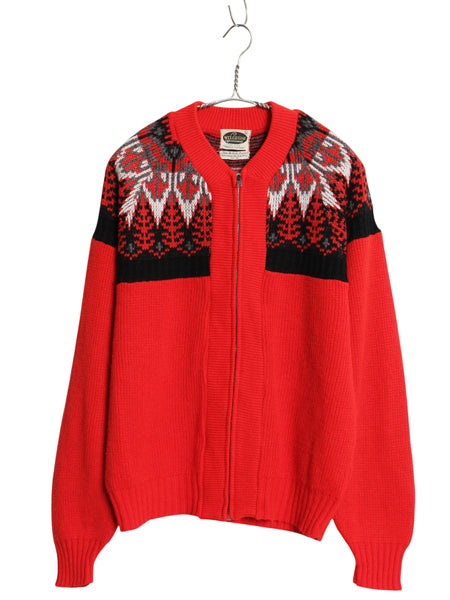 60s 70s USA製 ★ Welgrume フルジップ アクリル ニット カーディガン メンズ L / ヴィンテージ ノルディック 総柄 セーター ジャケット 赤
