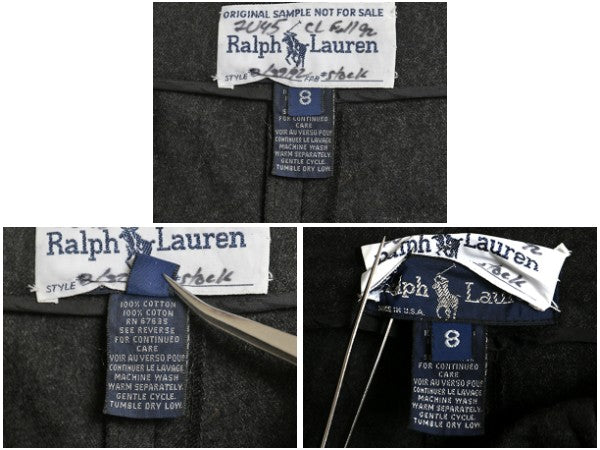 90s USA製 ラルフローレン コットン スラックス パンツ レディース S オールド ポロ スリム テーパード タック入り 無地 きれいめ 細身 灰