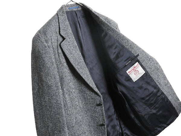 90s ハリスツイード テーラード ジャケット メンズ L 程/ オールド ウール ツイード ブレザー ヘリンボーン ストライプ トラッド シンプル