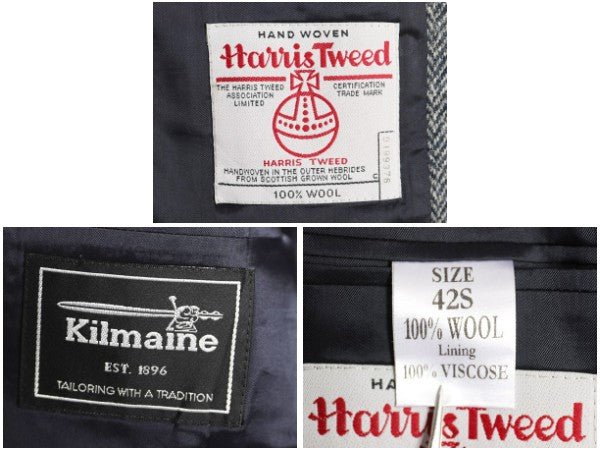 90s ハリスツイード テーラード ジャケット メンズ L 程/ オールド ウール ツイード ブレザー ヘリンボーン ストライプ トラッド シンプル