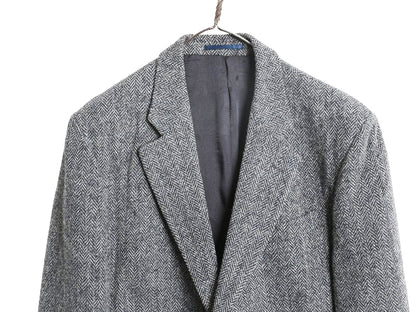 90s ハリスツイード テーラード ジャケット メンズ L 程/ オールド ウール ツイード ブレザー ヘリンボーン ストライプ トラッド シンプル