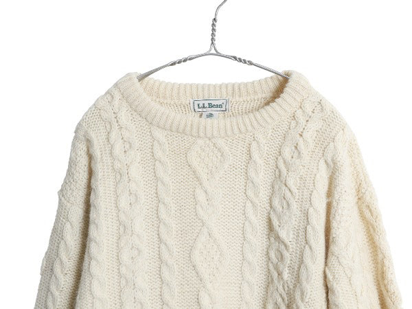 90s アイルランド製 エルエルビーン フィッシャーマン ウール ニット セーター メンズ L オールド アラン ケーブル ローゲージ ナチュラル
