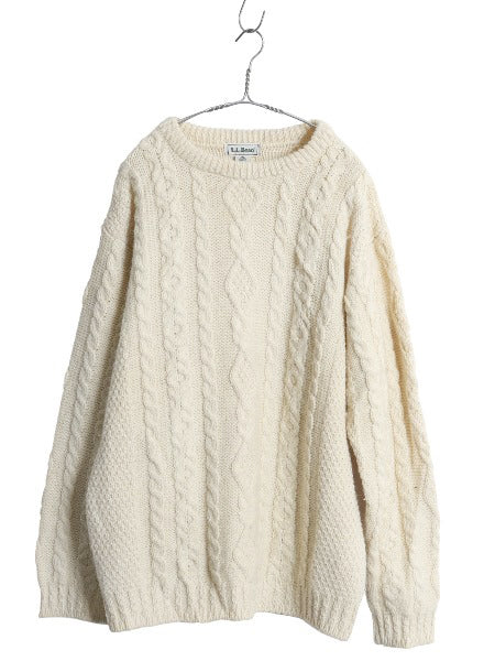 90s アイルランド製 エルエルビーン フィッシャーマン ウール ニット セーター メンズ L オールド アラン ケーブル ローゲージ ナチュラル