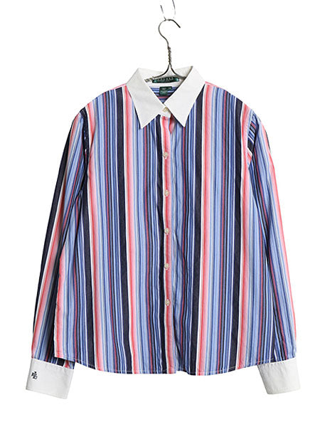 00s ローレン ラルフローレン ストライプ クレリック シャツ レディース M オールド 長袖シャツ コットン ドレス カジュアル ワンポイント