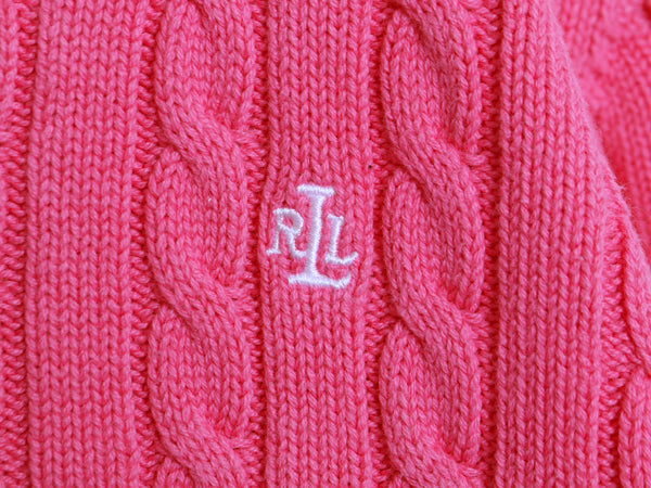 00s ローレン ラルフローレン ケーブル ニット セーター レディース L オールド コットン Vネック ワンポイント ロゴ 刺繍 ピンク きれいめ