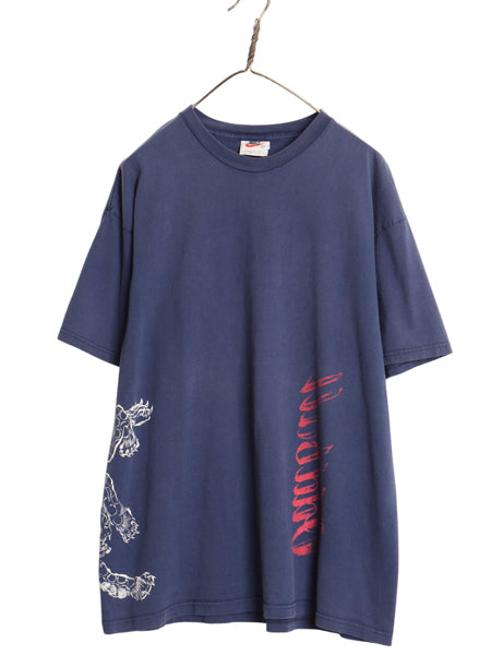 90s USA製 ナイキ プリント 半袖 Tシャツ メンズ L オールド 当時物 和柄 グラフィック イラスト カットソー ヘビーウェイト ゆったり 紺 
