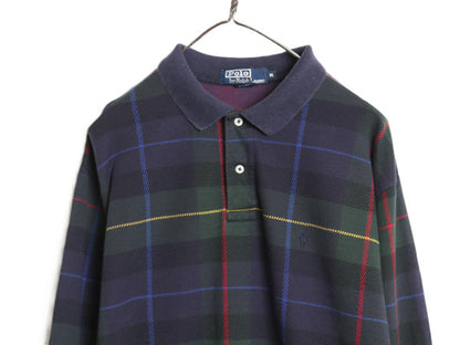 90s USA製 ポロ ラルフローレン チェック 長袖 ポロシャツ メンズ XL / オールド 長袖シャツ スムース コットン 大きいサイズ マルチカラー