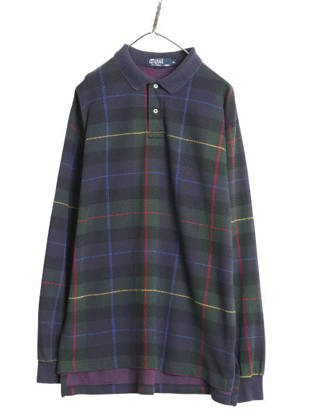 90s USA製 ポロ ラルフローレン チェック 長袖 ポロシャツ メンズ XL / オールド 長袖シャツ スムース コットン 大きいサイズ マルチカラー