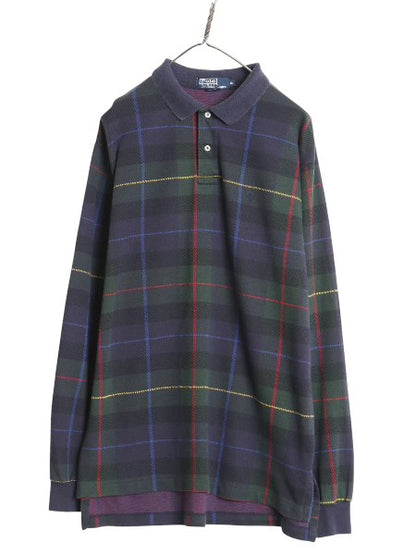 90s USA製 ポロ ラルフローレン チェック 長袖 ポロシャツ メンズ XL / オールド 長袖シャツ スムース コットン 大きいサイズ マルチカラー