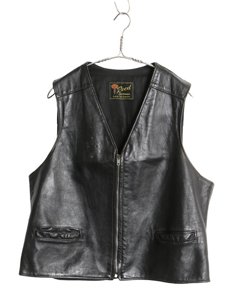 60s 70s リード 本革 レザー ベスト メンズ L 程/ 古着 ヴィンテージ オールレザー ラムレザー フルジップ ジレ 革ジャン 重ね着 前開き 黒