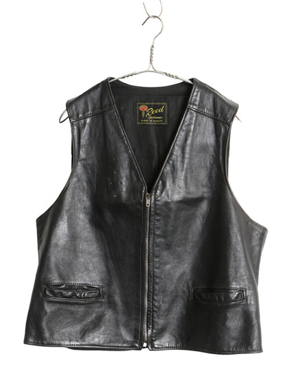 60s 70s リード 本革 レザー ベスト メンズ L 程/ 古着 ヴィンテージ オールレザー ラムレザー フルジップ ジレ 革ジャン 重ね着 前開き 黒