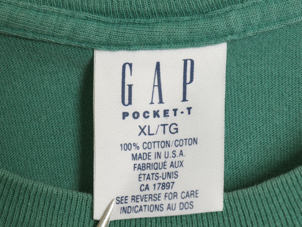 90s USA製 オールド ギャップ ポケット付き 無地 半袖 Tシャツ メンズ XL / シングルステッチ コットン ポケT カットソー 大きいサイズ 緑