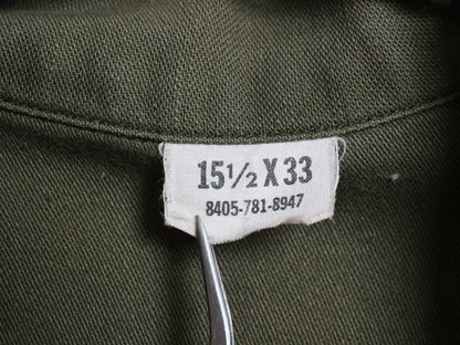 70s 米軍実物 US ARMY コットン サテン ユーティリティ シャツ M ヴィンテージ 70年製 OG107 シャツ袖 3rd 軍物 ミリタリー ワッペン付き 