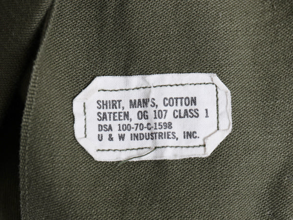 70s 米軍実物 US ARMY コットン サテン ユーティリティ シャツ M ヴィンテージ 70年製 OG107 シャツ袖 3rd 軍物 ミリタリー ワッペン付き 
