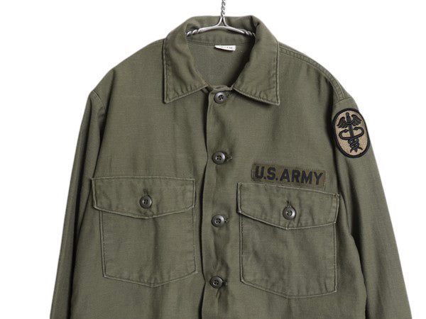 70s 米軍実物 US ARMY コットン サテン ユーティリティ シャツ M ヴィンテージ 70年製 OG107 シャツ袖 3rd 軍物 ミリタリー ワッペン付き 