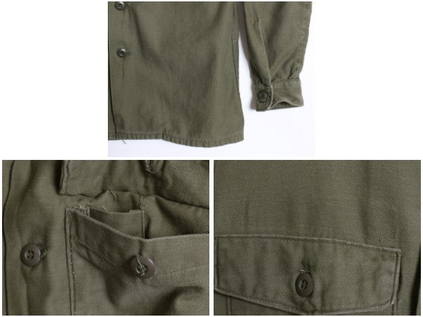 70s 米軍実物 US ARMY コットン サテン ユーティリティ シャツ M ヴィンテージ 70年製 OG107 シャツ袖 3rd 軍物 ミリタリー ワッペン付き 