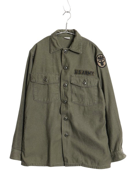 70s 米軍実物 US ARMY コットン サテン ユーティリティ シャツ M ヴィンテージ 70年製 OG107 シャツ袖 3rd 軍物 ミリタリー ワッペン付き 