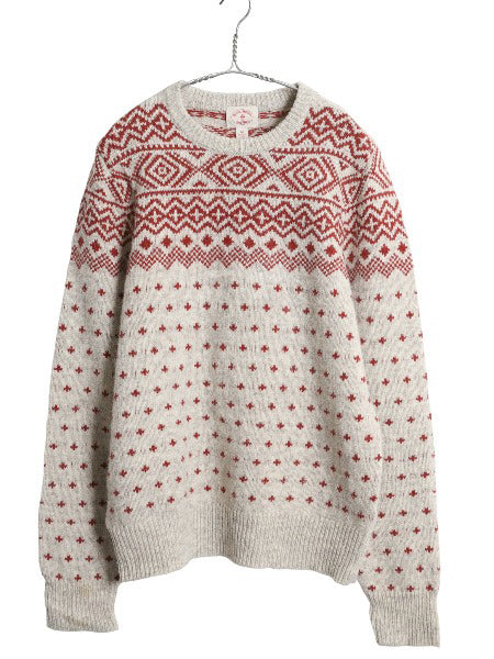 ブルックスブラザーズ ノルディック ニット セーター メンズ M 古着 ウール バーズアイ 総柄 クルーネック ツートン ベージュ バーガンディ