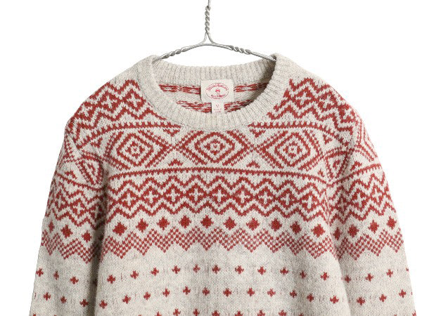 ブルックスブラザーズ ノルディック ニット セーター メンズ M 古着 ウール バーズアイ 総柄 クルーネック ツートン ベージュ バーガンディ