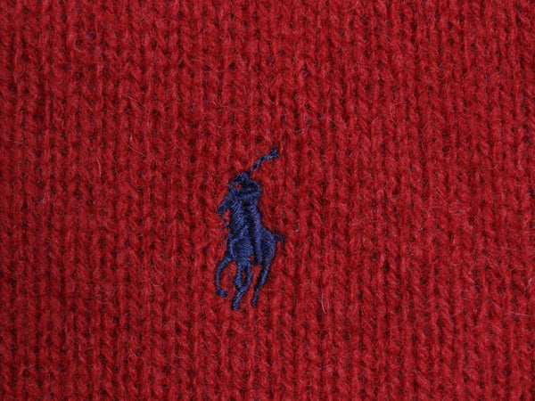 90s ポロ ラルフローレン ニット セーター メンズ L / オールド ラム ウール クルーネック 前V ワンポイント ポニー 刺繍 リブ編み 無地 赤