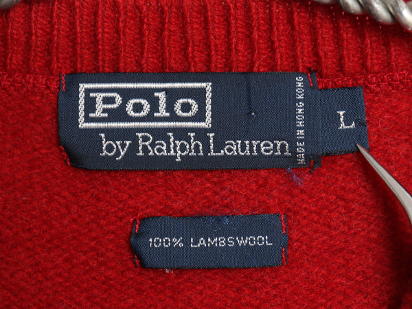 90s ポロ ラルフローレン ニット セーター メンズ L / オールド ラム ウール クルーネック 前V ワンポイント ポニー 刺繍 リブ編み 無地 赤