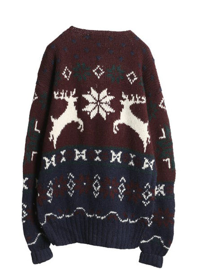 90s ポロ ラルフローレン ウール ニット セーター メンズ L / オールド ノルディック 総柄 絵柄 トナカイ ハンドメイド 手編み バーズアイ