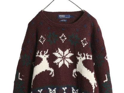 90s ポロ ラルフローレン ウール ニット セーター メンズ L / オールド ノルディック 総柄 絵柄 トナカイ ハンドメイド 手編み バーズアイ
