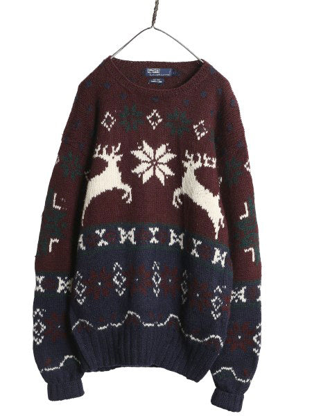 90s ポロ ラルフローレン ウール ニット セーター メンズ L / オールド ノルディック 総柄 絵柄 トナカイ ハンドメイド 手編み バーズアイ