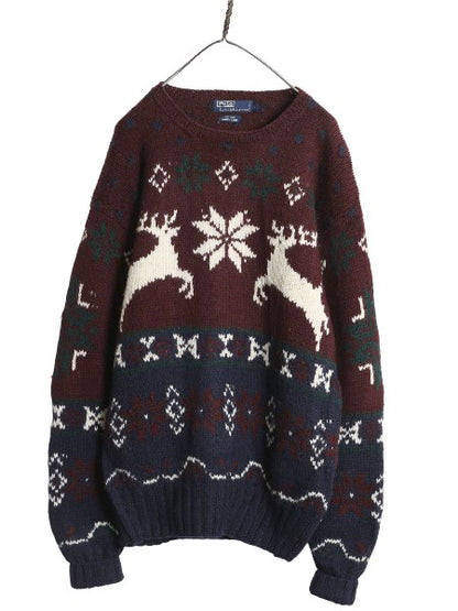 90s ポロ ラルフローレン ウール ニット セーター メンズ L / オールド ノルディック 総柄 絵柄 トナカイ ハンドメイド 手編み バーズアイ