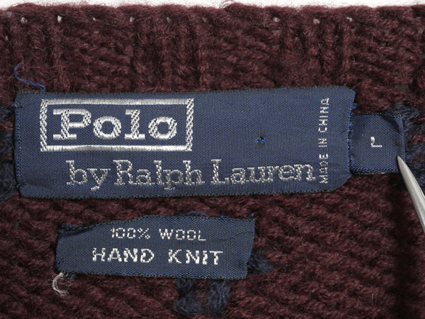 90s ポロ ラルフローレン ウール ニット セーター メンズ L / オールド ノルディック 総柄 絵柄 トナカイ ハンドメイド 手編み バーズアイ