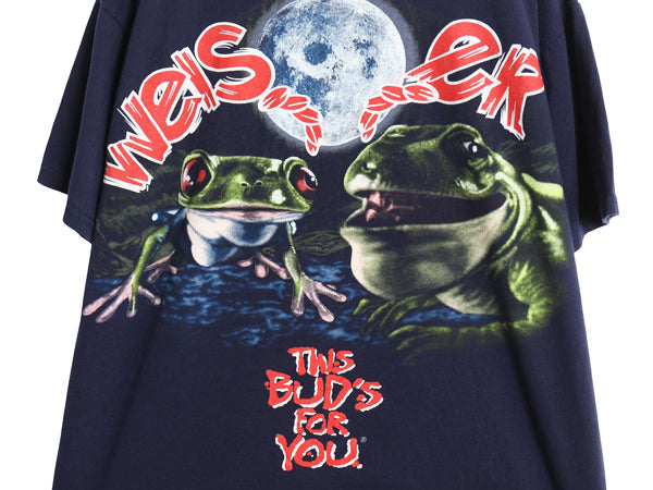 90s ★ バドワイザー カエル イラスト プリント Tシャツ メンズ L オールド グラフィック ビール 当時物 企業物 キャラクター アニマル 紺